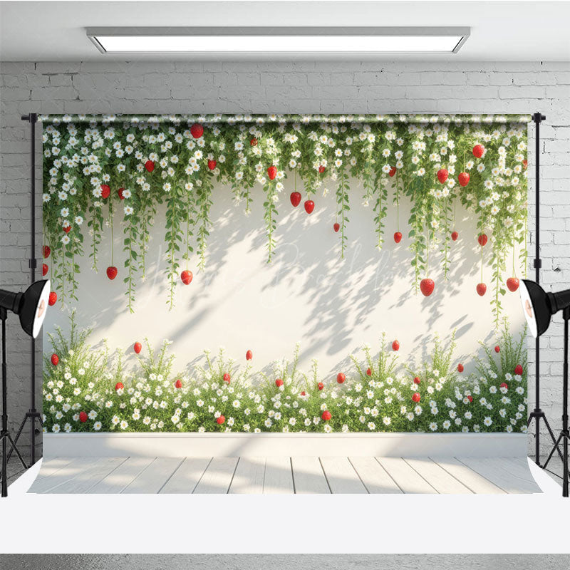 Lofaris Spring Vibe Green Strawberry Wall Photo Backdrop