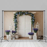 Lofaris Spring Wedding Doorway Backdrop White Double Doors with Blue and Purple Floral Arch Garden Party Photo Prop Decor