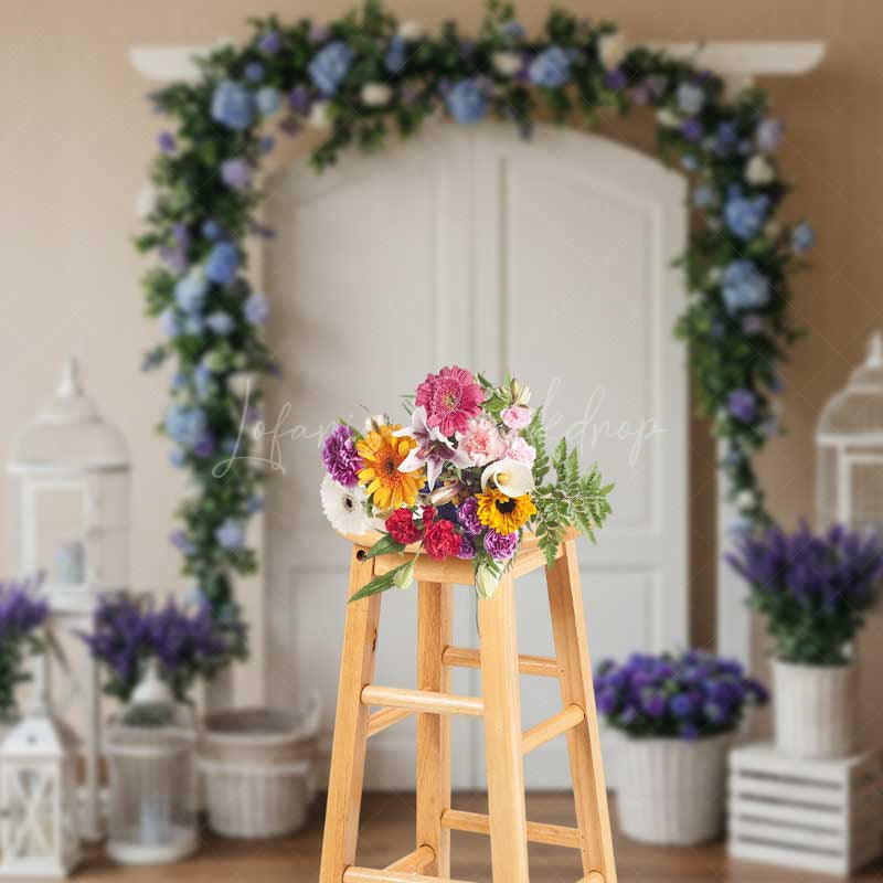 Lofaris Spring Wedding Doorway Backdrop White Double Doors with Blue and Purple Floral Arch Garden Party Photo Prop Decor