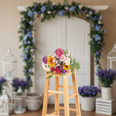 Lofaris Spring Wedding Doorway Backdrop White Double Doors with Blue and Purple Floral Arch Garden Party Photo Prop Decor