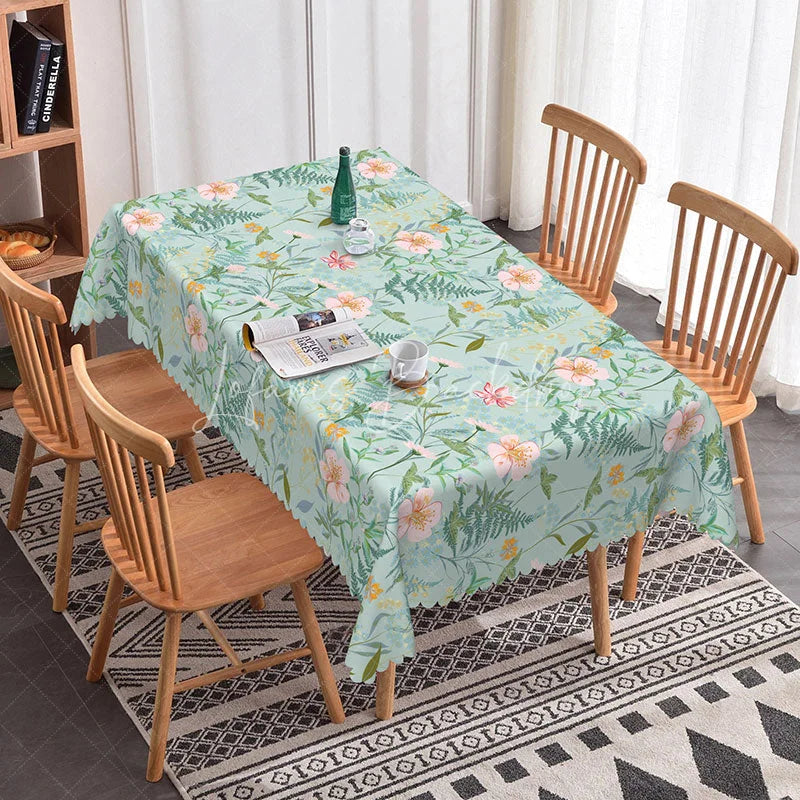 Lofaris Spring Wildflower Rectangle Tablecloth Pink Floral and Fern Botanical Print Light Blue Garden Party Decor