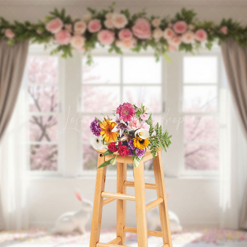 Lofaris Spring Window Scene Greenery Rose Easter Backdrop
