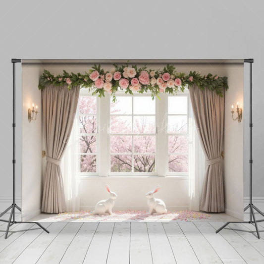 Lofaris Spring Window Scene Greenery Rose Easter Backdrop