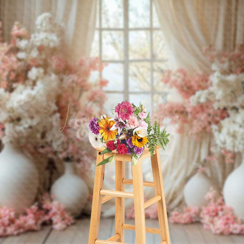 Lofaris Spring Window Scene Photography Backdrop Pink and White Cherry Blossoms Romantic Indoor Garden Studio Photo Prop