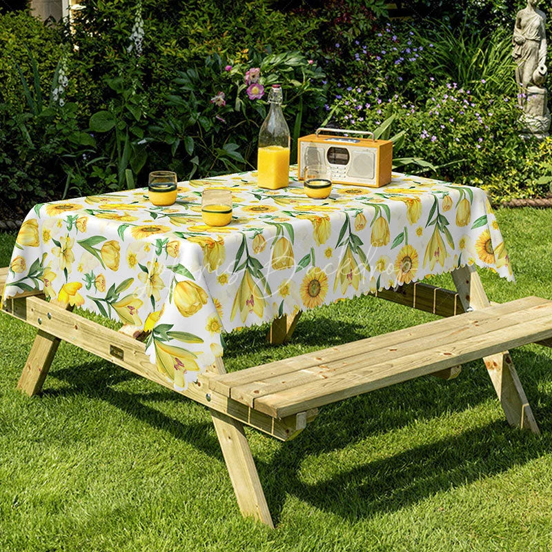 Lofaris Spring Yellow Floral Rectangle Tablecloth Sunflower Tulip and Daisy Print Cheerful Summer Garden Party Decor