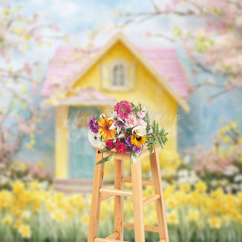 Lofaris Spring Yellow Pink Cabin Floral Scenery Backdrop
