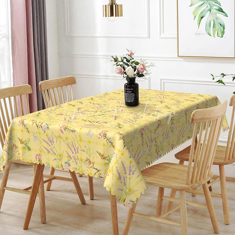 Lofaris Spring Yellow Plaid Rectangle Tablecloth Lavender Wildflower Pattern for Easter Kitchen Dining Room Decoration