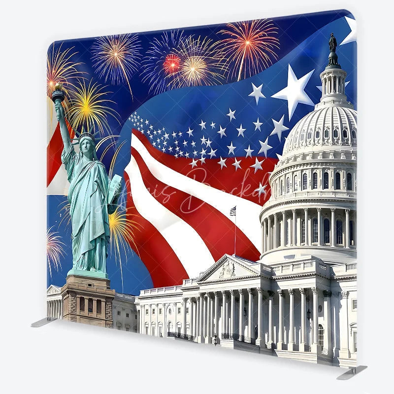 Lofaris Square Double-Sided Backdrop Patriotic American Flag with Liberty Statue and Capitol for National Celebrations