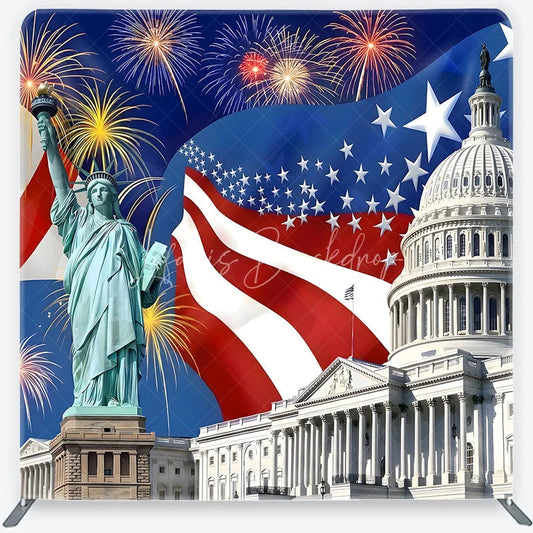 Lofaris Square Double-Sided Backdrop Patriotic American Flag with Liberty Statue and Capitol for National Celebrations