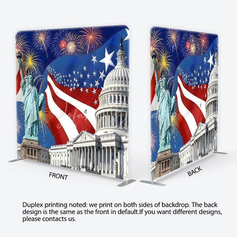 Lofaris Square Double-Sided Backdrop Patriotic American Flag with Liberty Statue and Capitol for National Celebrations