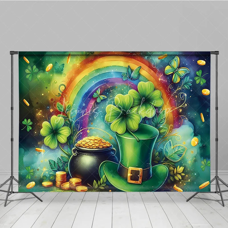 Lofaris St Patricks Day Backdrop Green Top Hat and Pot of Gold with Rainbow Background Lucky Shamrock Irish Party Decorations