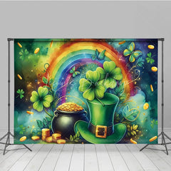 Lofaris St Patricks Day Backdrop Green Top Hat and Pot of Gold with Rainbow Background Lucky Shamrock Irish Party Decorations