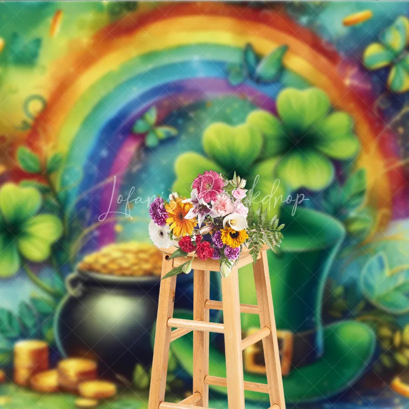 Lofaris St Patricks Day Backdrop Green Top Hat and Pot of Gold with Rainbow Background Lucky Shamrock Irish Party Decorations