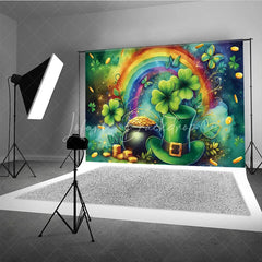 Lofaris St Patricks Day Backdrop Green Top Hat and Pot of Gold with Rainbow Background Lucky Shamrock Irish Party Decorations
