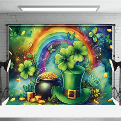 Lofaris St Patricks Day Backdrop Green Top Hat and Pot of Gold with Rainbow Background Lucky Shamrock Irish Party Decorations
