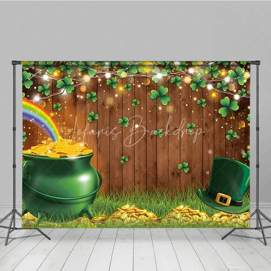 Lofaris St Patricks Day Backdrop Pot of Gold and Rainbow Clover Wood Background Luck the Irish Shamrock Party Decorations