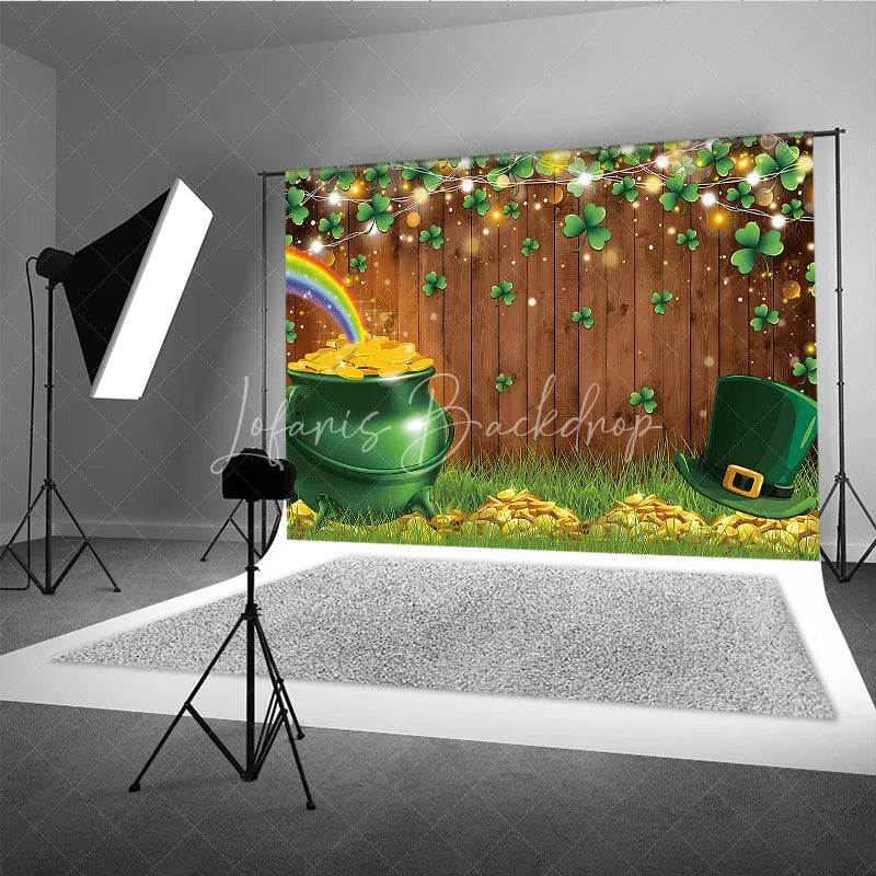Lofaris St Patricks Day Backdrop Pot of Gold and Rainbow Clover Wood Background Luck the Irish Shamrock Party Decorations