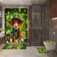 Lofaris St. Patrick’s Day Highland Cow Shower Curtain Set 4 Piece Lucky Shamrock and Gold Coins Bathroom Decor