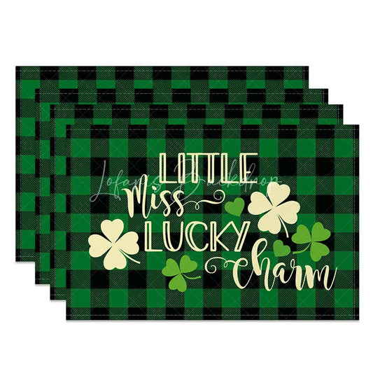 Lofaris St. Patricks Day Little Miss Lucky Charm Set of 4 Placemats Green Buffalo Plaid Shamrock Table Mats