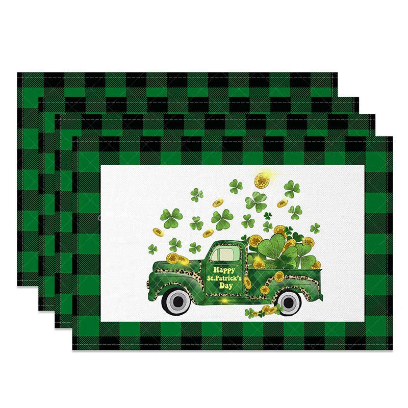 Lofaris St. Patricks Day Lucky Green Truck Set of 4 Placemats Shamrock and Gold Coins Buffalo Plaid Table Mats