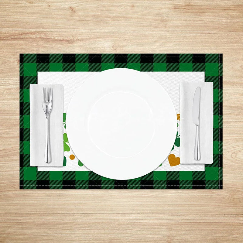 Lofaris St. Patricks Day Lucky Rainbow Set of 4 Placemats Green Plaid Border and Shamrock Table Mats for Home