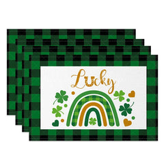 Lofaris St. Patricks Day Lucky Rainbow Set of 4 Placemats Green Plaid Border and Shamrock Table Mats for Home