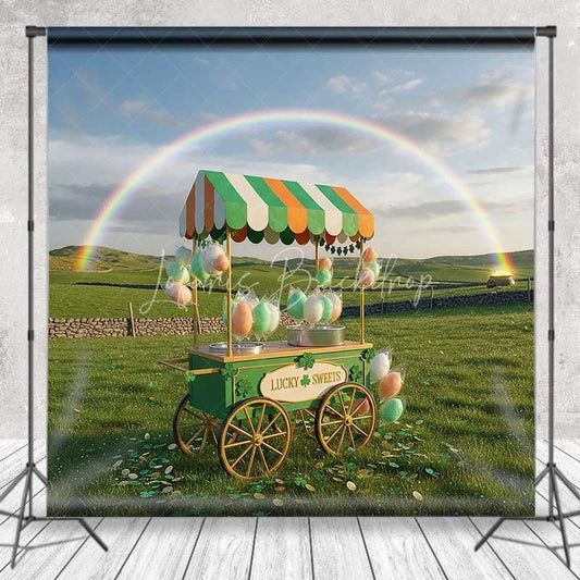 Lofaris St Patrick’s Day Lucky Sweets Backdrop Rainbow Cotton Candy Cart Photography Background Green Field Photo Prop