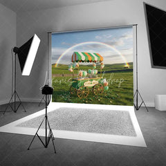 Lofaris St Patrick’s Day Lucky Sweets Backdrop Rainbow Cotton Candy Cart Photography Background Green Field Photo Prop