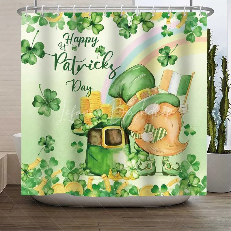 Lofaris St. Patrick’s Day Shower Curtain Watercolor Leprechaun Pot of Gold Bathroom Decoration Irish Green Shamrock Lucky Bath Set