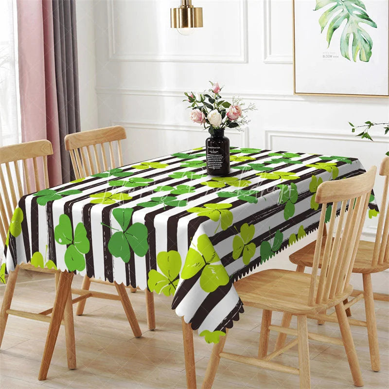 Lofaris St. Patrick’s Day Striped Shamrock Rectangle Tablecloth Modern Green Clover Pattern Table Cover for Spring