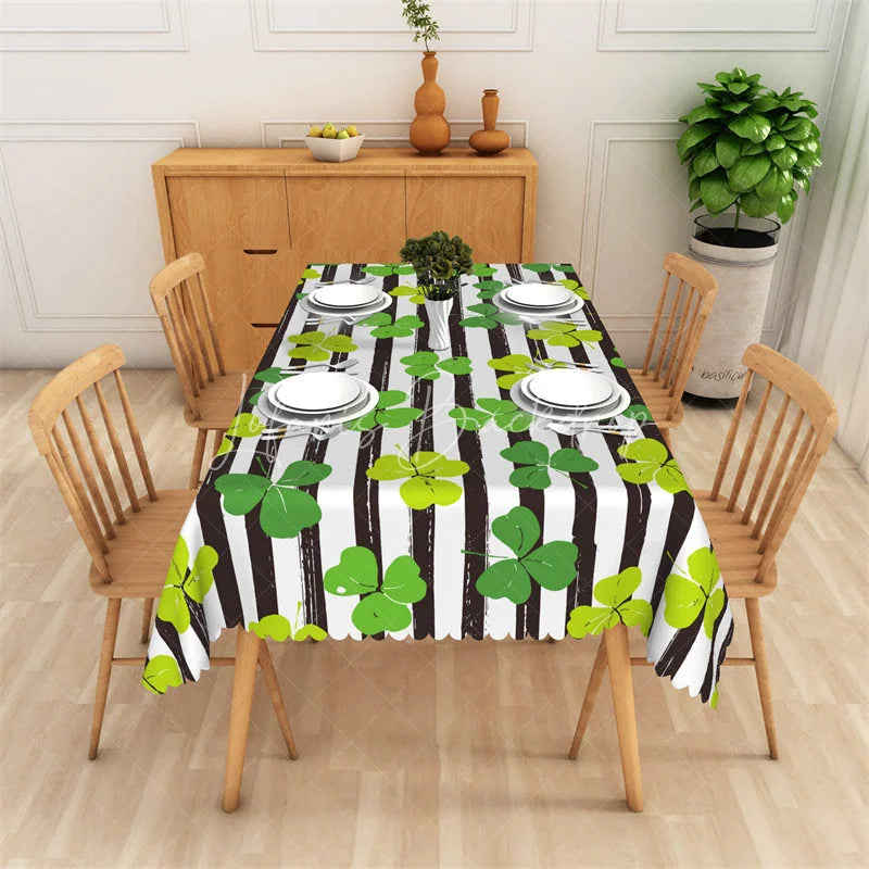 Lofaris St. Patrick’s Day Striped Shamrock Rectangle Tablecloth Modern Green Clover Pattern Table Cover for Spring