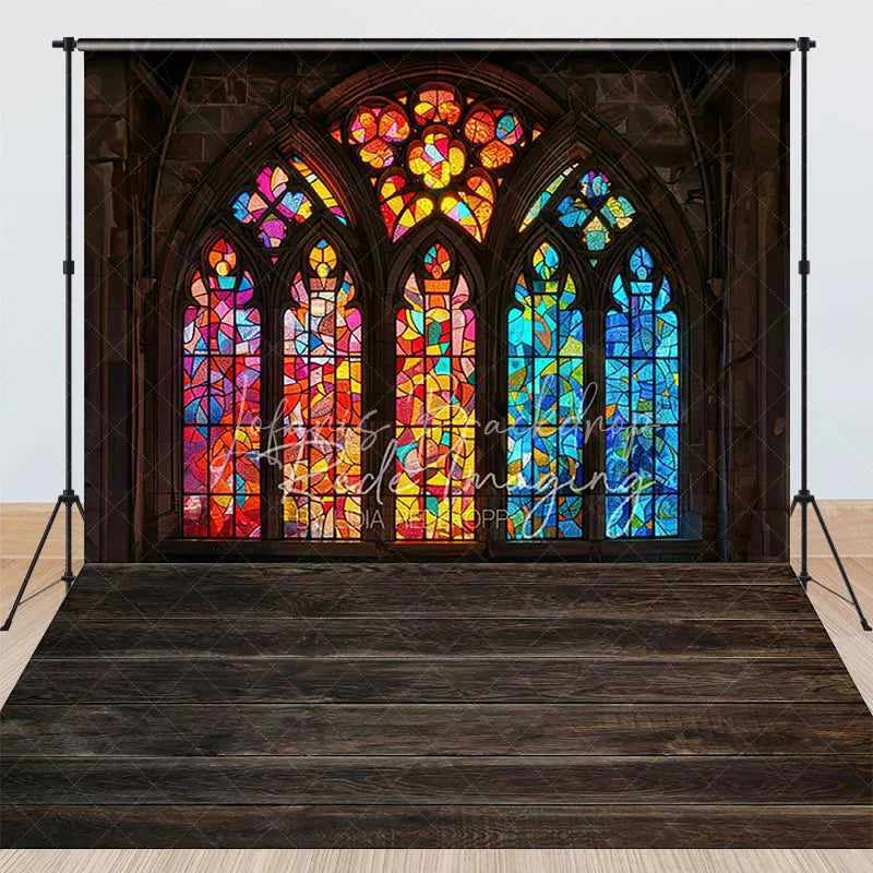 Lofaris Stained Glass Window Combo Set Backdrop Colorful Church Arch Dark Wood Floor Background Religious Photography Prop