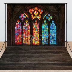 Lofaris Stained Glass Window Combo Set Backdrop Colorful Church Arch Dark Wood Floor Background Religious Photography Prop