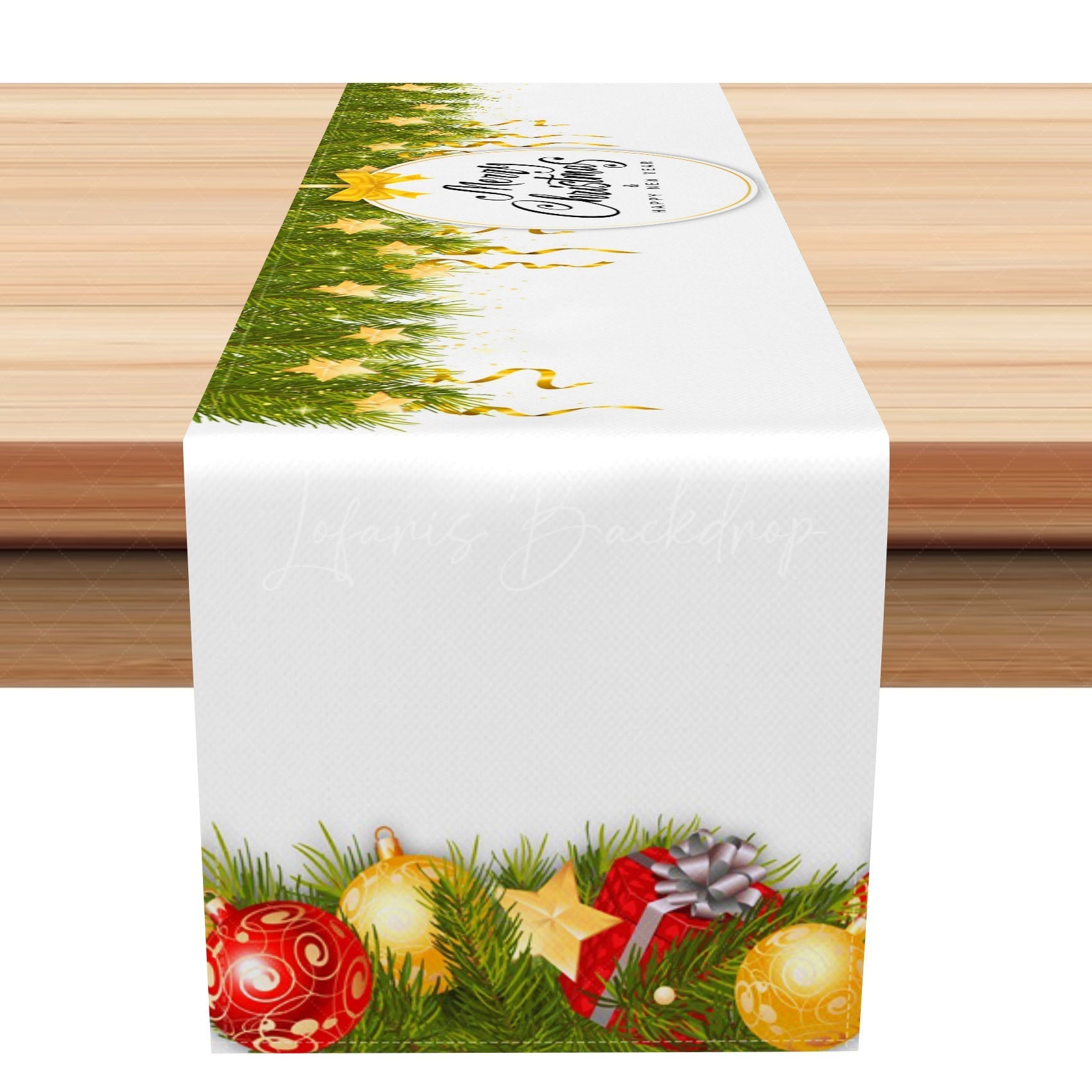 Lofaris Star Ribbons Pine Leaves Bauble Xmas Table Runner