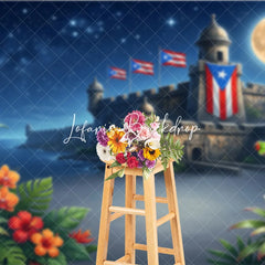 Lofaris Starry Night Full Moon Tropical Fortress Holiday Backdrop with Red Eyed Frog and Island Flags Exotic Celebration Decor.