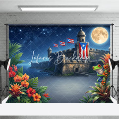 Lofaris Starry Night Full Moon Tropical Fortress Holiday Backdrop with Red Eyed Frog and Island Flags Exotic Celebration Decor.