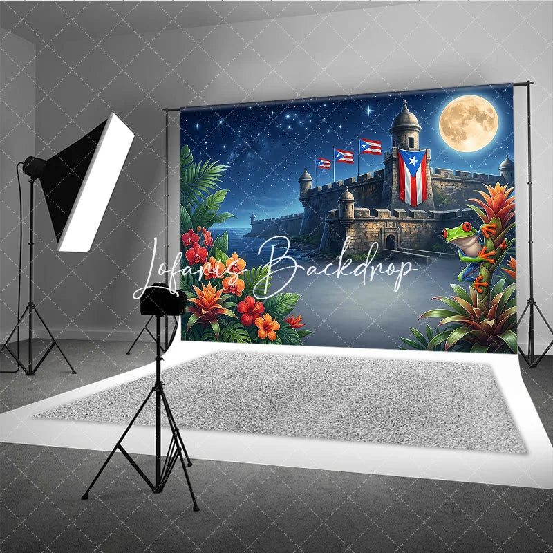 Lofaris Starry Night Full Moon Tropical Fortress Holiday Backdrop with Red Eyed Frog and Island Flags Exotic Celebration Decor.