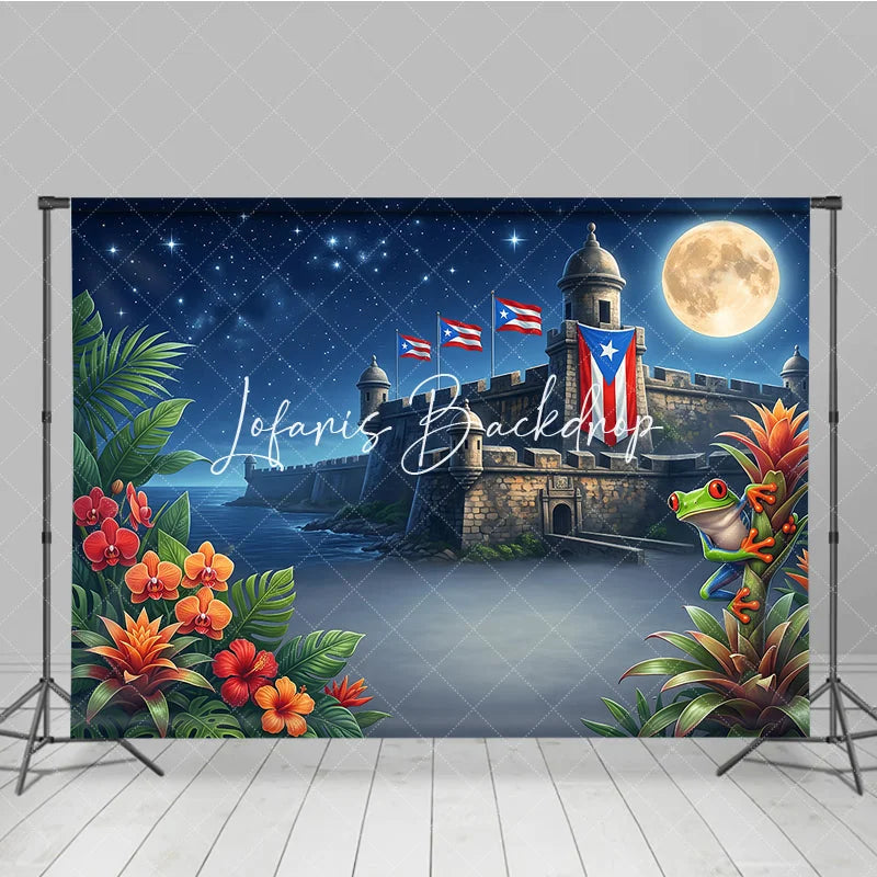 Lofaris Starry Night Full Moon Tropical Fortress Holiday Backdrop with Red Eyed Frog and Island Flags Exotic Celebration Decor.