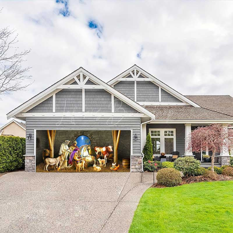 Lofaris Starry Night Stone Shed Nativity Garage Door Banner