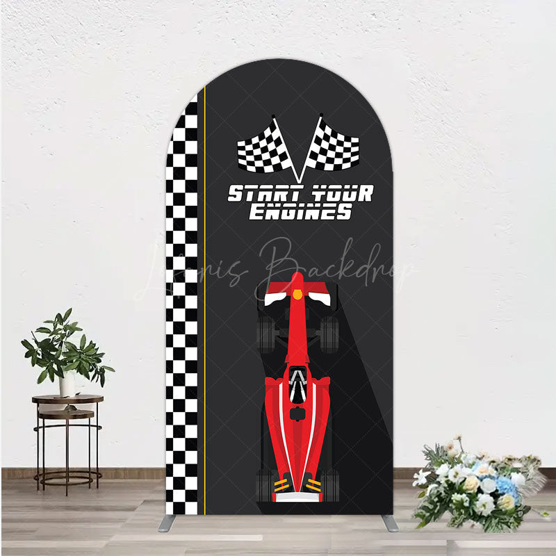Lofaris Start Your Engines Race Car Arch Backdrop for Baby Shower Red and Checkered Flag Boy Party Photo Booth