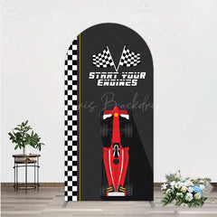 Lofaris Start Your Engines Race Car Arch Backdrop for Baby Shower Red and Checkered Flag Boy Party Photo Booth