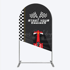 Lofaris Start Your Engines Race Car Arch Backdrop for Baby Shower Red and Checkered Flag Boy Party Photo Booth