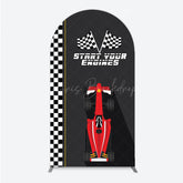 Lofaris Start Your Engines Race Car Arch Backdrop for Baby Shower Red and Checkered Flag Boy Party Photo Booth