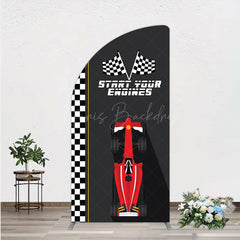 Lofaris Start Your Engines Race Car Half Moon Arch Backdrop for Baby Shower Red and Checkered Flag Boy Party Photo Booth