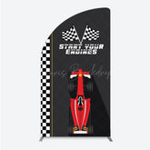 Lofaris Start Your Engines Race Car Half Moon Arch Backdrop for Baby Shower Red and Checkered Flag Boy Party Photo Booth