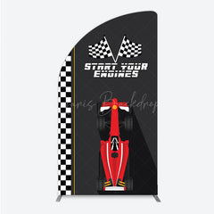 Lofaris Start Your Engines Race Car Half Moon Arch Backdrop for Baby Shower Red and Checkered Flag Boy Party Photo Booth