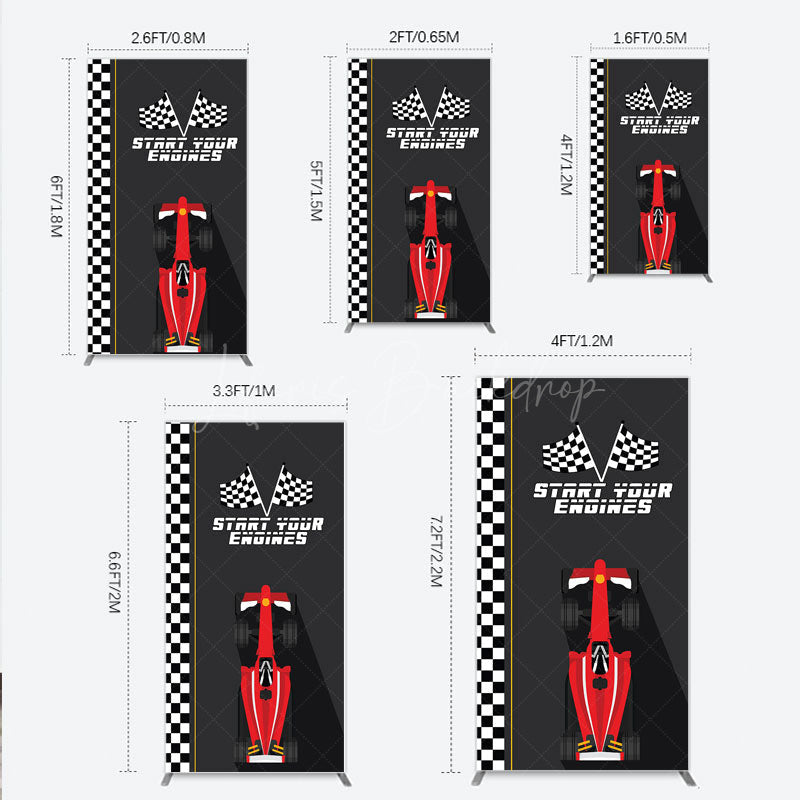 Lofaris Start Your Engines Race Car Rectangle Backdrop for Baby Shower Red and Checkered Flag Boy Party Photo Booth