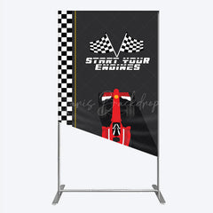 Lofaris Start Your Engines Race Car Rectangle Backdrop for Baby Shower Red and Checkered Flag Boy Party Photo Booth