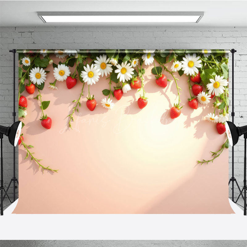 Lofaris Strawberry Daisy Beige Wall Spring Photo Backdrop