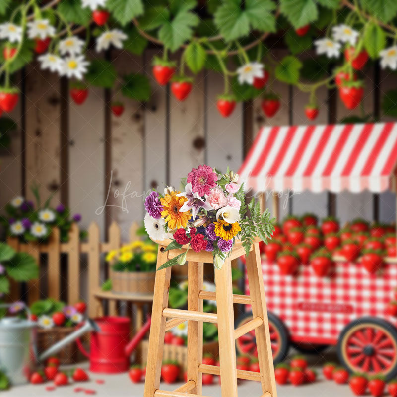 Lofaris Strawberry Orchard Cart Fence Photography Backdrop